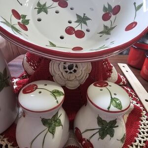 Cherry Ceramic Colander and Salt & Pepper Set with cherry vase Vintage Homes